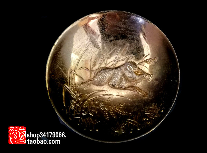 Old objects decoration crafts ) Japanese zodiac pig 24K gold plated memorial marquee