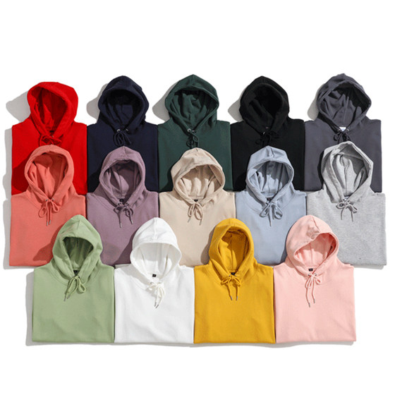 300g heavy cotton spring and autumn new hooded sweater solid color simple inner sports hoodie men's and women's sweater