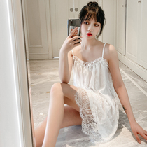 Japanese summer 2021 new sexy backless pajamas ladies transparent suspenders lace nightdress thin home wear