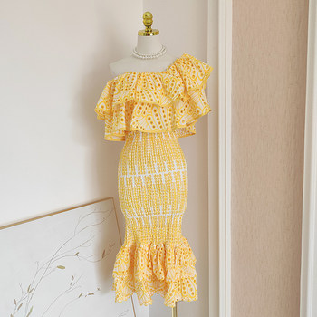 Western style more wear one word collar strapless ruffled cotton embroidery hollow top bag hip mermaid skirt suit dress