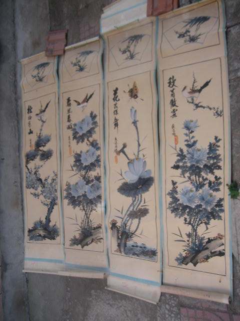 Folk Artist Early Pink Hand-painted Manuscript Boutique Old Painting Spring Summer Autumn Winter Season Flowers Birds Four Screens