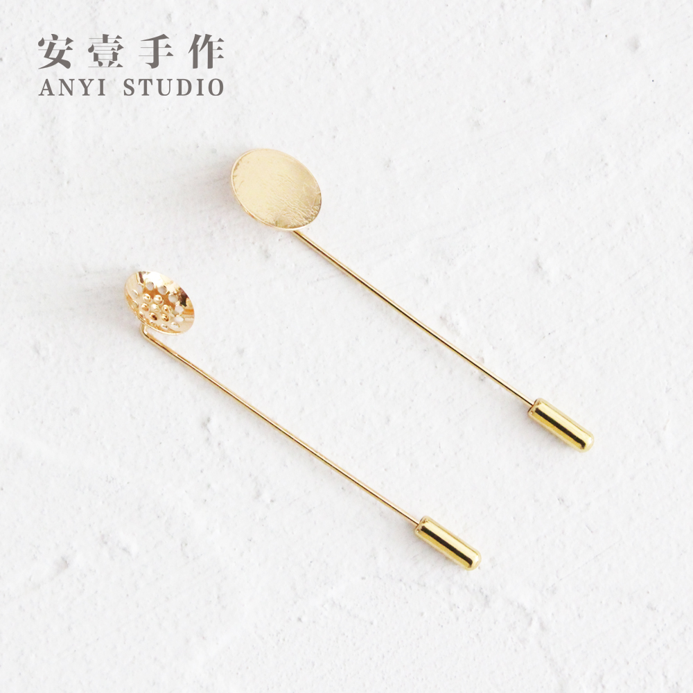 One-word brooch 7-word disc bottom tray long pin DIY jewelry handmade accessories pure copper gold-plated corsage