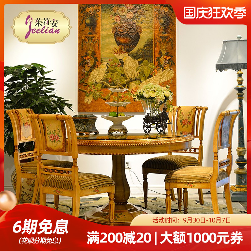 Julianne French hand-painted dining table solid wood 1 4 meters round dining table yellow flowers luxury villa table and chair combination