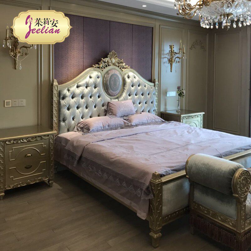 Romance Style Eurostyle Bedroom Home Innate Champagne Gold Leaf Pink Blue Cloth Art Style Solid Wood Double Bed