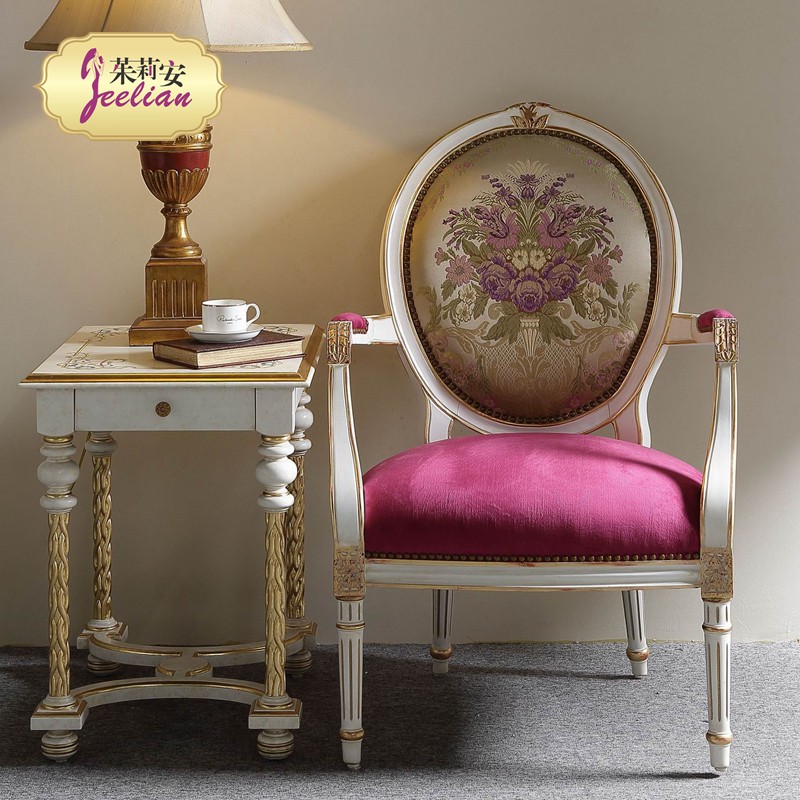 Julianau style retro refined white applique gold leaf jacquard rose red velvety cloth casual sofa dining chair circumference chair