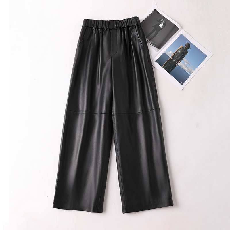 European Style Autumn and Winter Haining First-Layer Genuine Sheepskin Leather Pants for Women, High-Waisted, Korean Style, Slimming, Cropped Straight-Leg Wide-Leg Pants