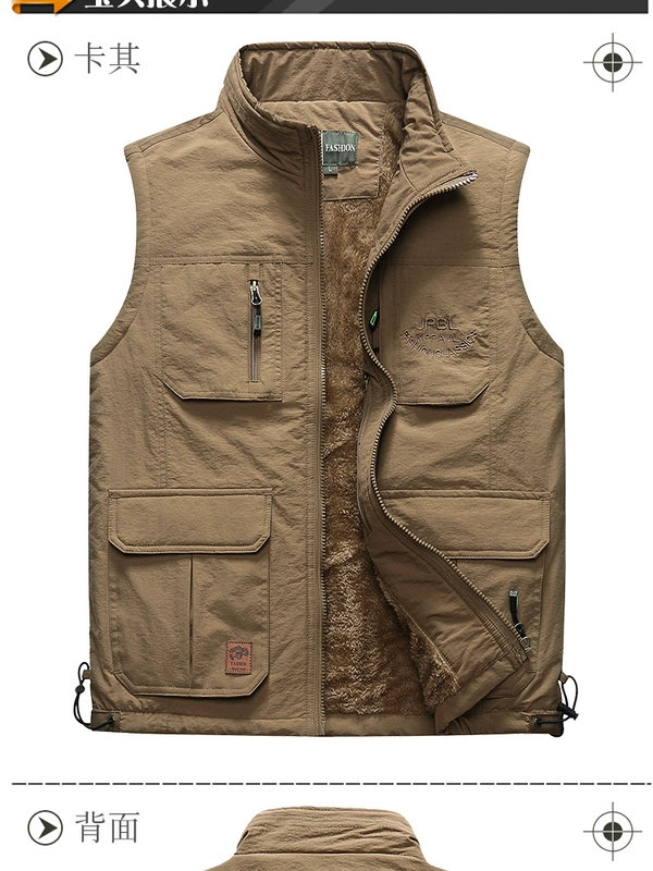 Cộng với nhung cộng với vest nam trung niên vest vest vai ngoài trời vest nam nhiều túi chụp ảnh cộng với áo vest cotton áo khoác nam thu đông