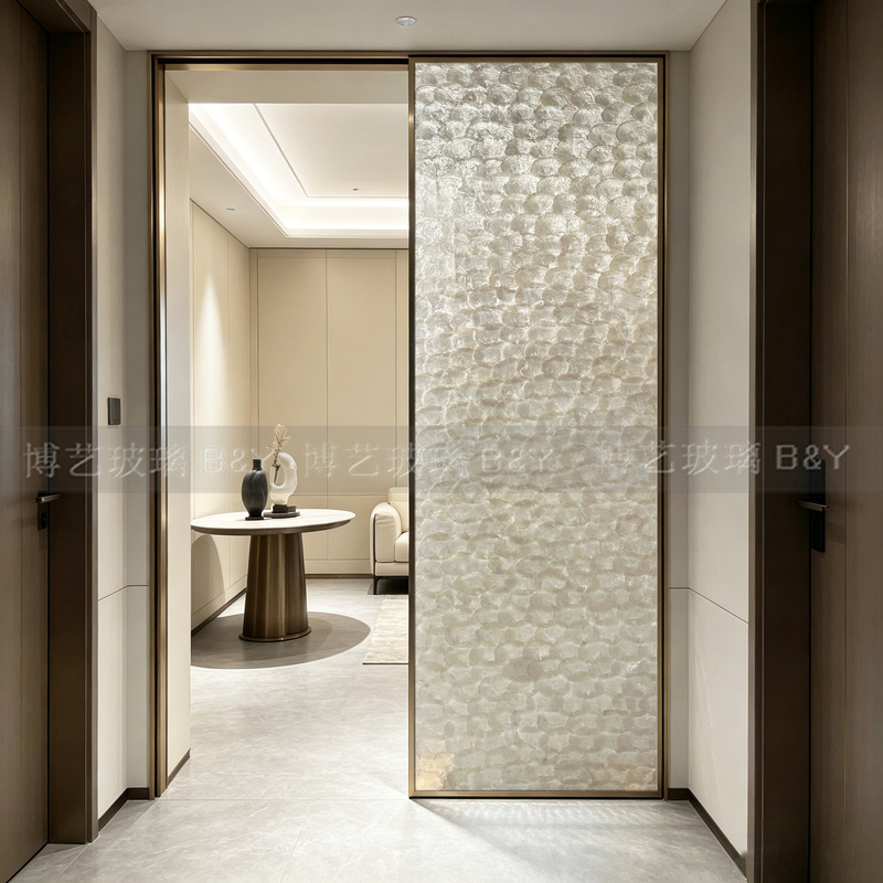 Art Glass Shell Glass Partition Screen for Entrance, Bathroom Door, Sliding Door Screen, Laminated Explosion-Proof Dry and Wet Separation Art Glass Shell Glass Partition Screen for Entrance, Bathroom Door, Sliding Door Screen, Laminated Explosion-Proof Dry and Wet Separation