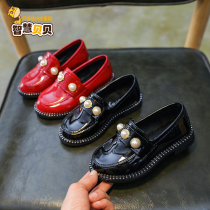 2021 Spring and Autumn new childrens leather shoes soft bottom retro beaded girl baby shoes black single shoes big childrens shoes