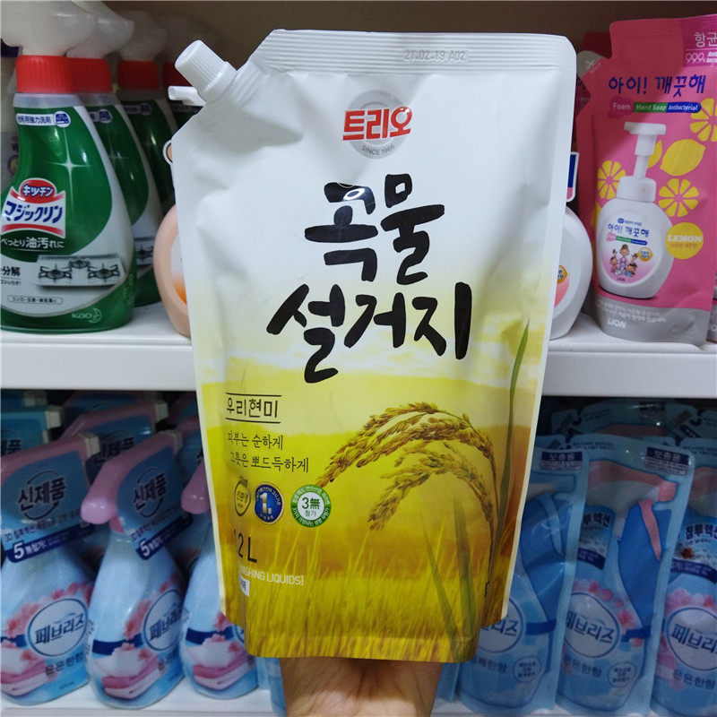 South Korea imports Aekyung grain rice dishwashing liquid 1 2L bag tableware lotion does not hurt hands new packaging