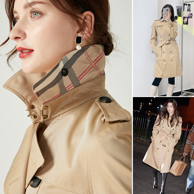 Bブランドのレディースミドル丈トレンチコート、チョン・ジヒョンと同じスタイル、ギャバジンコットンケンジントントレンチコート、ウォータールースタイル、秋冬用。