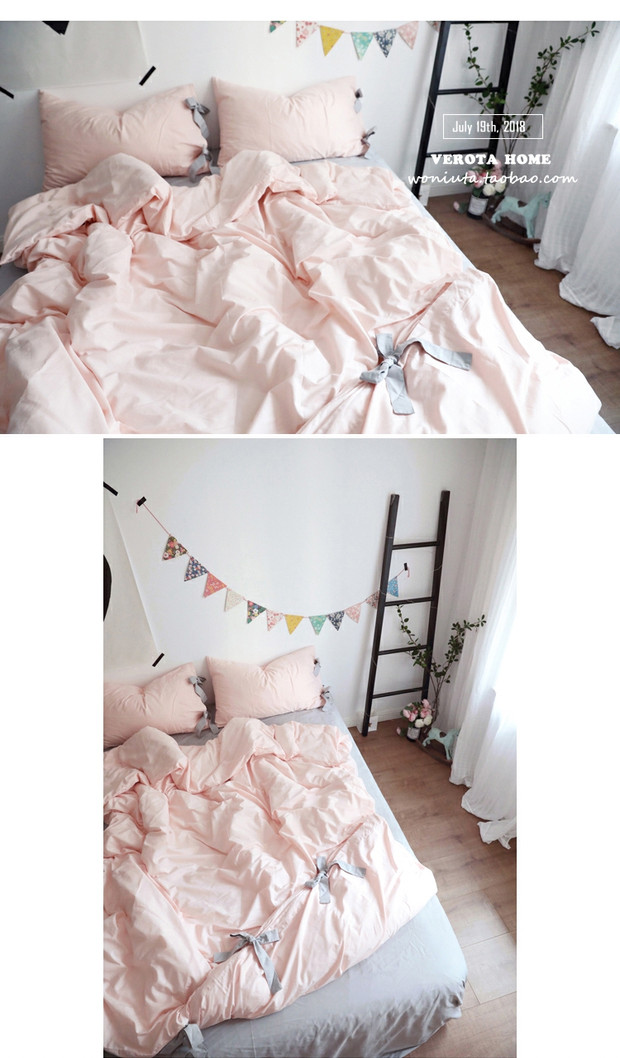 [Tháp] ốc màu hồng cộng với Ruffles xám dây đeo trang trí bông trang bị tấm gia đình bốn - Bộ đồ giường bốn mảnh chăn ga gối đệm giá rẻ
