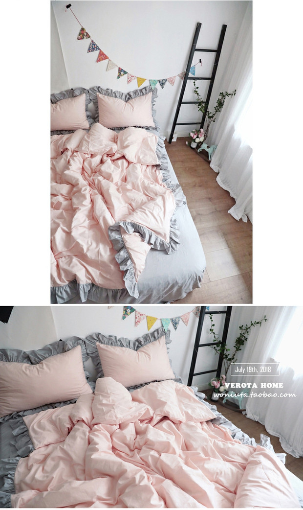 [Tháp] ốc màu hồng cộng với Ruffles xám dây đeo trang trí bông trang bị tấm gia đình bốn - Bộ đồ giường bốn mảnh chăn ga gối đệm giá rẻ