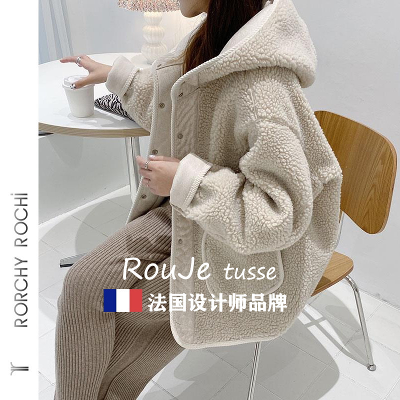 Rouje Tusse Off-White Coat for Women, Autumn and Winter, High-End Lamb Wool Fleece Thickened Top in a Chanel Style