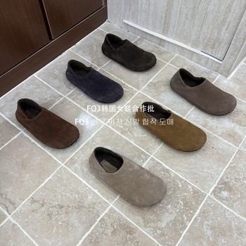 Fq3 real shot bei li xuan autumn and winter plus velvet warm round toe step-on single shoes for women frosted genuine leather birkenstock shoes