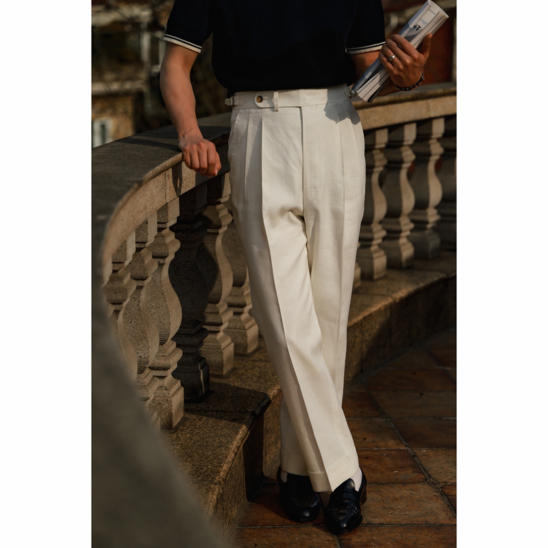 Ug Men's Clothing Mulberry Silk Linen Blend'Cloud Twist White Wheat Spike Pattern' Vintage Paris Button High-Waisted Straight-Leg Trousers Ug Men's Clothing Mulberry Silk Linen Blend'Cloud Twist White Wheat Spike Pattern' Vintage Paris Button High-Waisted Straight-Leg Trousers