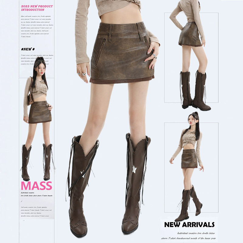 MASS Maillard wears a hitchy winter American hot girl PU leather skirt half body dress with superior sense of old high waist skirt-Taobao