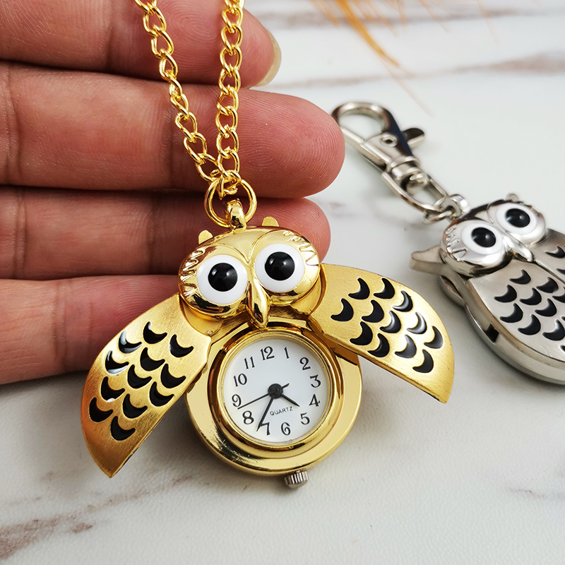 Children's Owl Cartoon Pocket Watch Keychain Electronic Watch Portable Small Student Clock for Boys and Girls