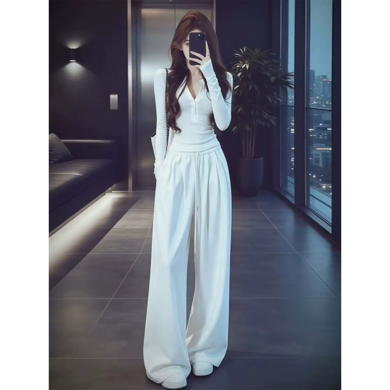 Super Stylish Korean Early Autumn Outfit Set 2026 New White Long-Sleeve Top and Wide-Leg Pants Two-Piece Set for Women