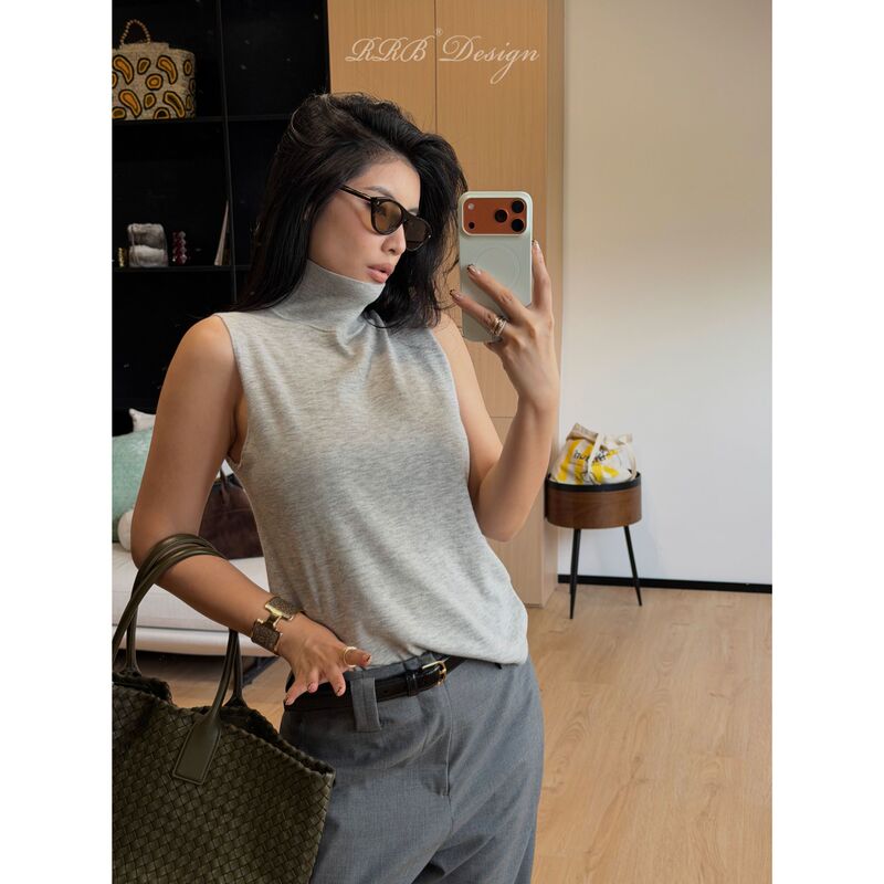 Rrb Design “High Sense of Sophistication” Cashmere and Mulberry Silk Blend High Neck Sleeveless Vest Base Sweater