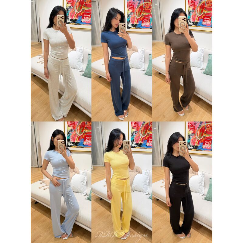 Rrb Design Comfortable Skin-Friendly Cotton Blend Slim-Fit Stretchy Lazy Set T-Shirt + Casual Pants Two-Piece Set