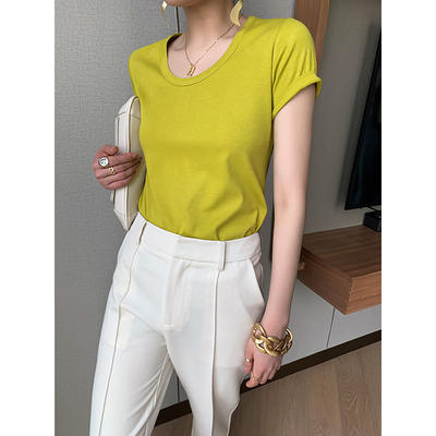 Mooelpom/ 6-color spring and summer T-shirt with anti-wrinkle, mercerized, double-sided long-staple cotton and reverse stitching deep U-neck is versatile