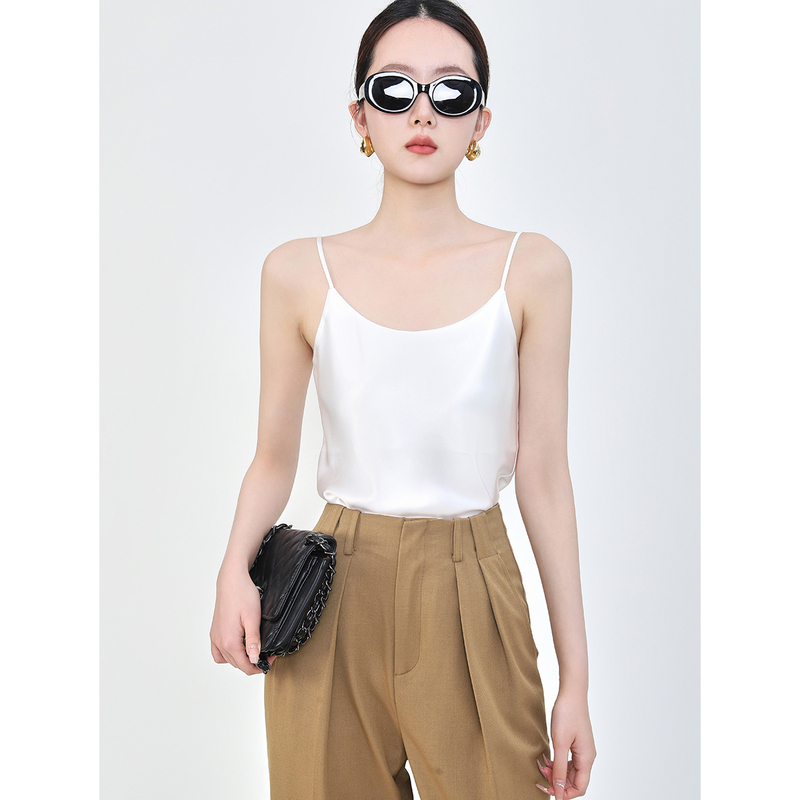 Mooelpom Spring and Summer Acetate Camisole for Women, Round Neck, Thin Straps, Real Satin, Sleeveless Top for Outerwear or Layering