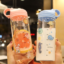  Pregnant women glass straw cup Student couple handy cup heat-resistant explosion-proof creative cartoon childrens water cup with scale