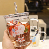 Korean handle with scale glass cartoon cute breakfast Milk Cup office with straw straight drinking coffee cup