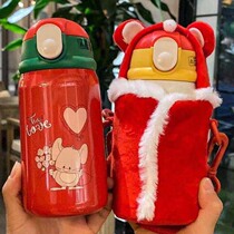 Winter new creative 316 stainless steel thermos cup children drink cup double cover with suction tube Cup new year cute