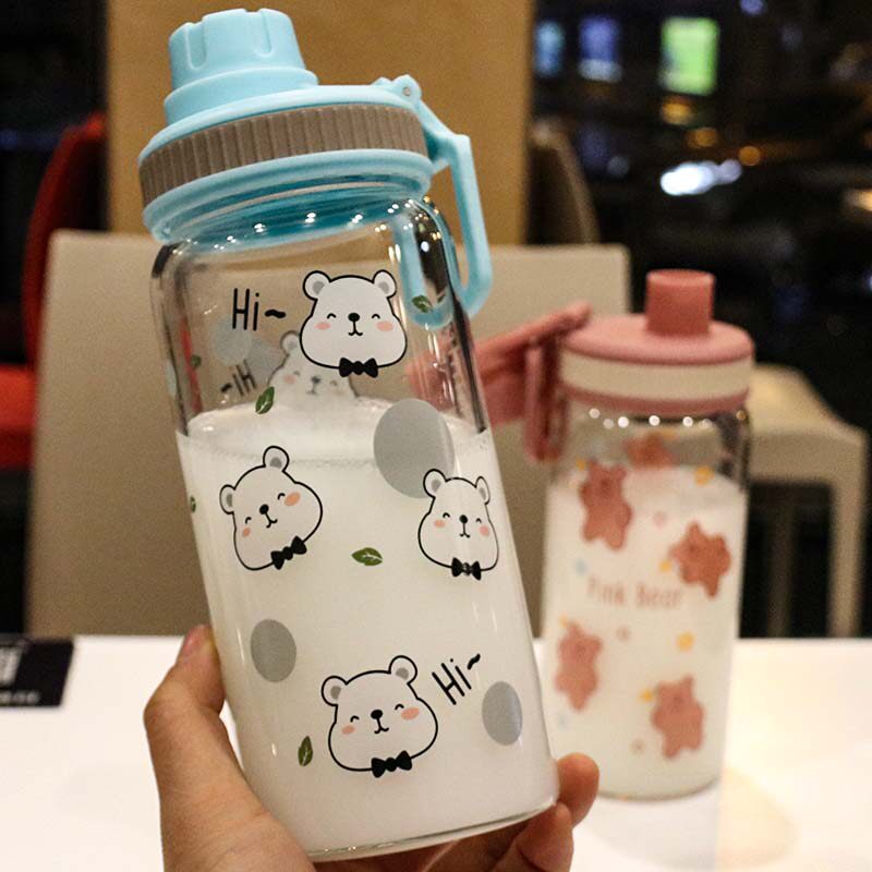 Straight Drinking Dual Purpose High Boron Silicon Explosion Protection Glass Cup Straw Cup Pregnant students Drinking water cups Scale Milk Cartoon Water Cups