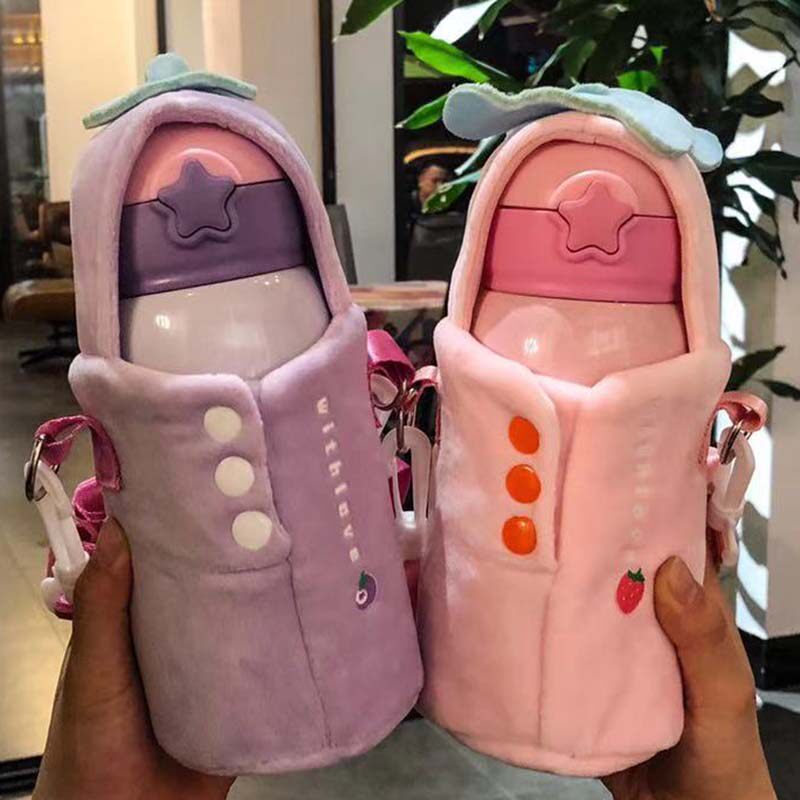 Cute double-cover girl heart student stainless steel 316 thermos cup straw cup large-capacity oblique cross children's thermos pot