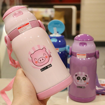  Creative straw cup 304 stainless steel kindergarten baby strap portable cute cartoon childrens drinking water insulation pot