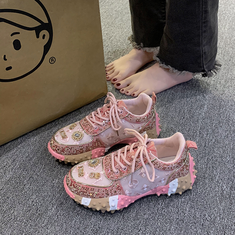 European Style Women's Shoes, Durian Shoes, Trendy 2026 New Spring Mesh Breathable Heavy-Duty Rhinestone Sports Dad Shoes