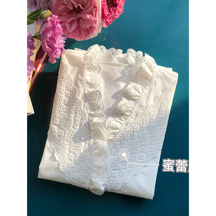 French-Style Sweet and Youthful! Purely Handcrafted, Heavy Embroidery Lace Trim V-Neck Long-Sleeve Cotton Shirt for Women, Early Spring 25