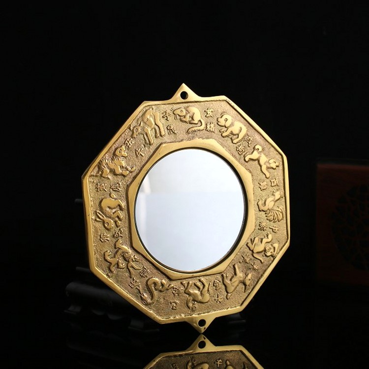 Pure copper gossip mirror glass mirror twelve zodiac Qiankun mirror door balcony window lion head bronze mirror ornament