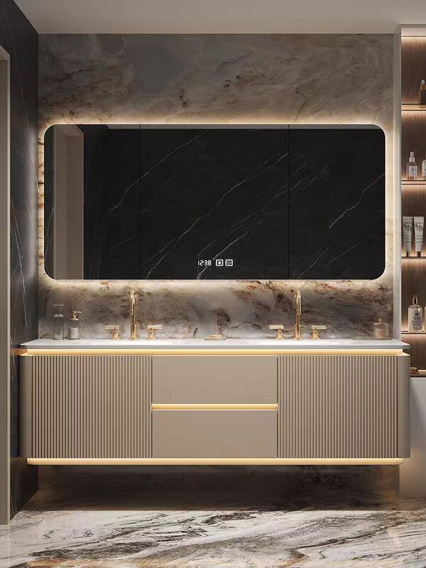 Cream-Colored Slate Hot-Bent Integrated Double-Basin Bathroom Cabinet Set with Oak Washbasin and Sink