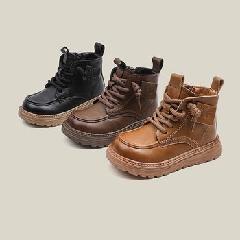 Boys' Boots 2025 Autumn and Winter New Style Girls' Fleece-Lined Mid-Calf Boots British Style Big Kids Leather Martin Boots