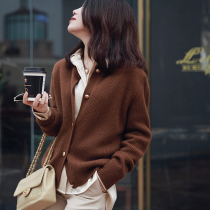 Zhao style time essence gold buckle decoration mellow soft cashmere sweater round neck thin solid color long sleeve cardigan