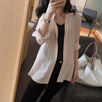Zhao type lazy free du special Powder White Stripes thin high density silk breathable sunscreen long sleeve shirt