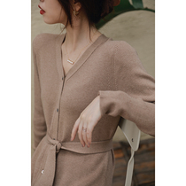Zhao style gentle soft Italian chao fine wool elegant open shirt style V neck knit dress