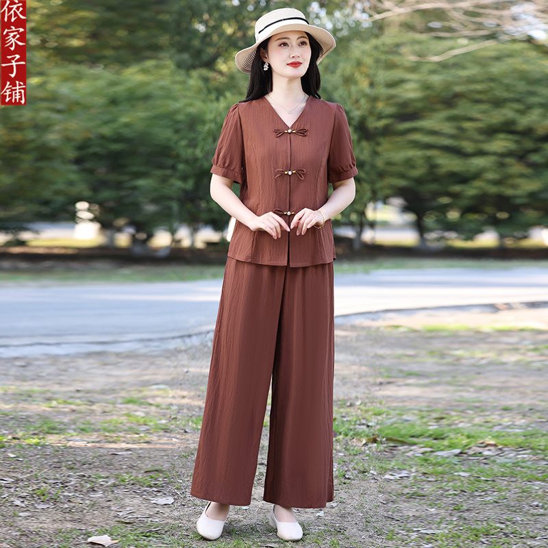New Chinese Style National Style Suit Women's Shirt Summer Brocade Cotton Retro Short-Sleeved Button-Up Top Wide-Leg Pants Loose Two-Piece Set