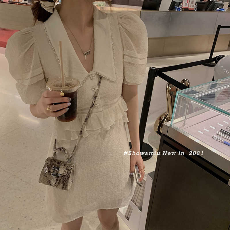 SHOW AMIU Teng Yujia 2021 summer new high waist temperament slim French retro court dress