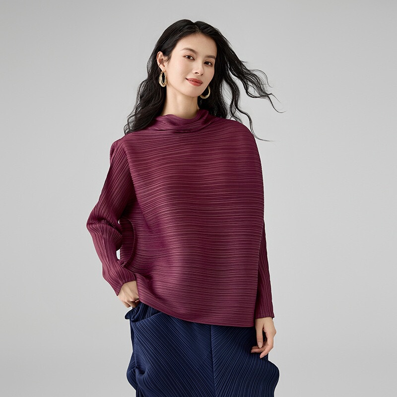 Spring New Style 2026 Pleated Scarf Collar Loose Long Solid Color Versatile Long-Sleeved Top T-Shirt