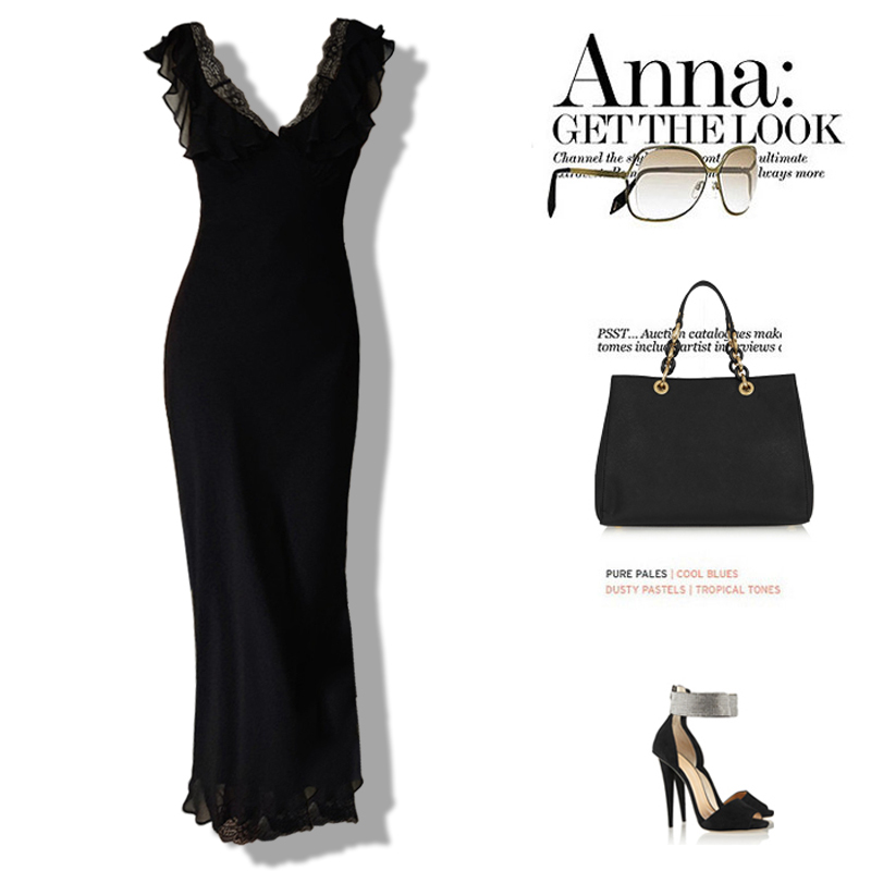 Plus Size Women's Clothing, Elegant and Luxurious Style, V-Neck Lace Ruffle Black Dress, Waist-Cinching Slimming Long Dress