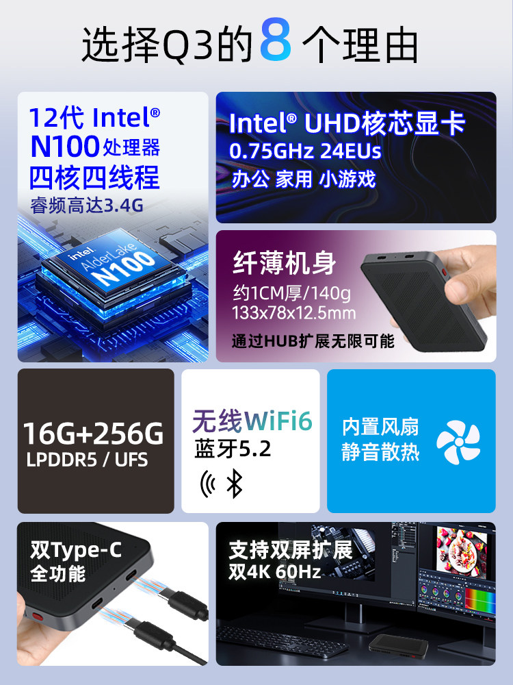 12Th Generation N100 Flap Pocket Pants Mini Host Win11 Office Game Micro Minipc Computer Dual Typec One-Line Communication