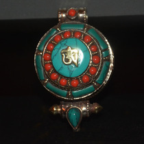 Tibetan specialty natural turquoise box Nepal pure copper buzzing round pendant Tibetan pendant