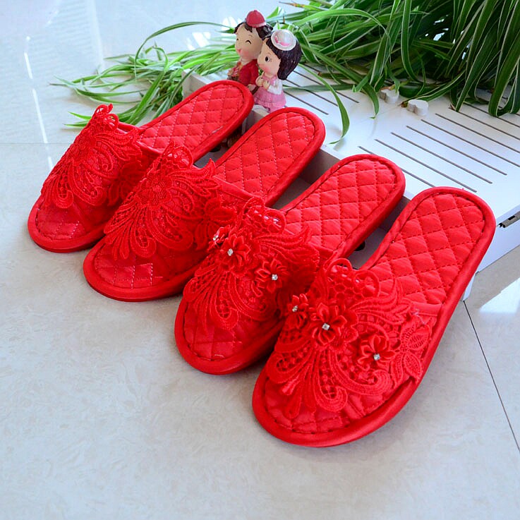 Red wedding shoes couples home indoor wooden floor beef tendon bottom festive soft bottom non-slip fabric big red slippers
