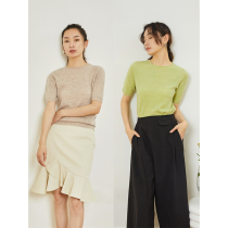 mytopbuyer early autumn womens temperament green round neck short sleeve solid color sweater comfortable soft waxy wool top