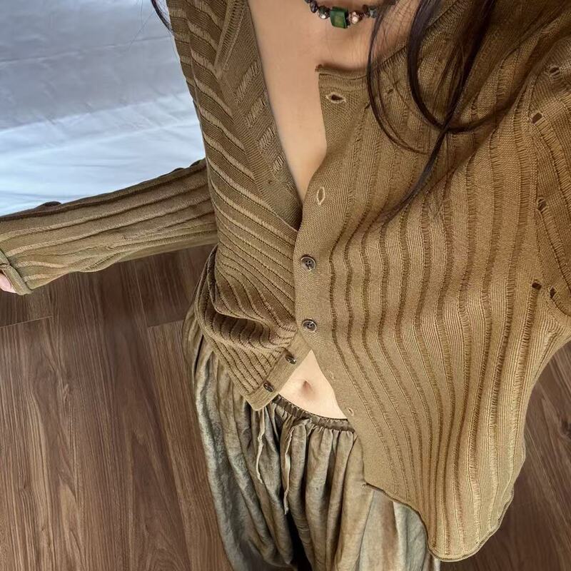 Hollow-Out Irregular Design, Versatile Slimming Knitted Cardigan, Spring and Autumn Style, Elegant Casual Long Sleeves